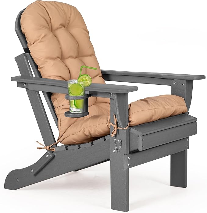 nalone Folding Adirondack Chair with Cushion with Cup Holder, HDPE Plastic Oversized Patio Chair Weather Resistant, Used in Outdoor, Fire Pit, Deck, Garden, Campfire Chairs (Grey)