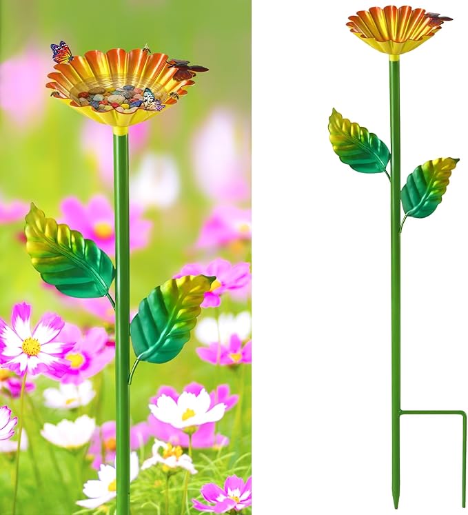 Bee Watering Station, Metal Bee Water Station with Flower Design Colorful Butterfly Bath Bowl Drinking Feeder Cups for Outdoor Garden Yard Decor (Yellow)