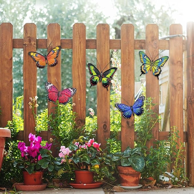 EOORAU Metal Butterfly Wall Outdoor Decor - 5 Pcs 3D Lifelike Metal Butterflies Wall Art Sculpture Hanging Decorations for Outside Fence Yard Patio Garden
