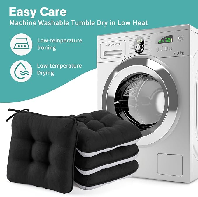 BETU Black Chair Cushions for Dining Chairs Set of 4,3.5" Thick Kitchen Table Chair Pads with Ties,Non Slip Backing and Covers,Seat Cushion for Dining Room,Bar,Patio Chairs,16"X16"X3.5",Black