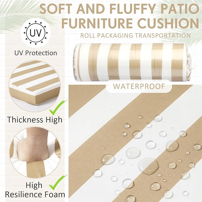 4 Pack Outdoor High Back Chair Cushion, 44 x 20 inches Patio Chair Cushions Waterproof Rocking Cushions Indoor Furniture Seat Pad, Weather Resistant (Stripe,Khaki White)
