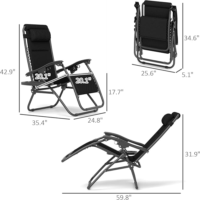 Outsunny Zero Gravity Chairs Set of 2, Reclining Folding Zero Gravity Lounge Chair, Outdoor Lounge Chairs with Cushion, Headrest, and Cup Phone Holder Tray for Patio, Beach, Black