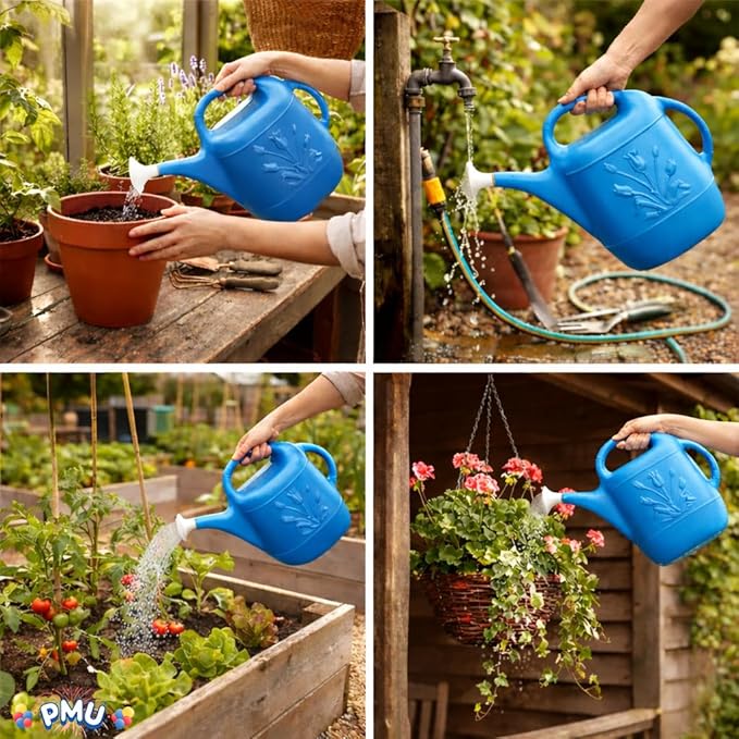 PMU 2 Gallon Watering Can - Garden Watering Can for Indoor & Outdoor Plants - Plastic Water Can with Detachable Sprinkler Head - Large Water Pot, Made in USA - Blue Pkg/1