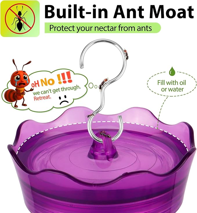 Glass Hummingbird Feeders for Outdoors, Built-in Ant Moat & Leakproof Design, XAROO Hummingbird Feeder with 4 Bee Guard Feeding Ports, 15OZ, Purple, Gifts for Mom Wife Dad, Birthday Gift for Men Women