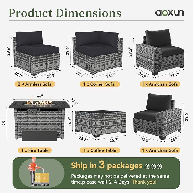 Aoxun 7 Piece Patio Furniture Set with Wide Armrests & 44” Fire Pit Table Wicker Rattan Outdoor Sectional Sofa Set with Coffee Table and Thickened Cushions, Gray/Blck(Waterproof Cover Included)