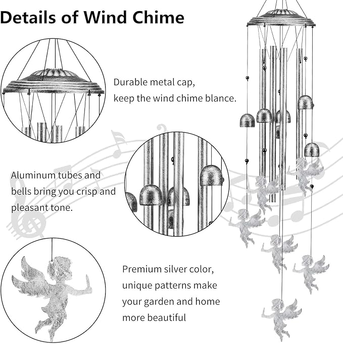 Angel Wind Chimes for Outside/Indoors, Angel Gifts for Women Mom Grandma, Sympathy Memorial Gift 37" Metal Windchimes, Hanging Decor for Home Patio Garden Porch Yard (Silver-Angel)