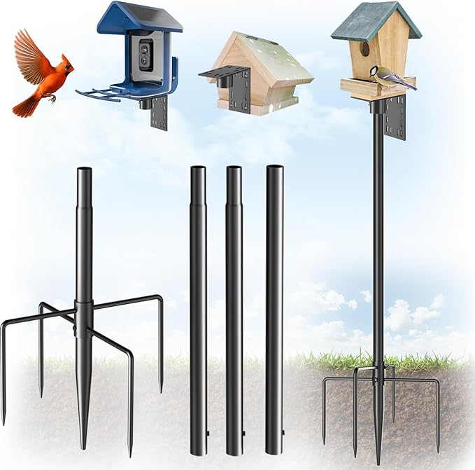 Bird Feeder Pole - 60 Inch Slip-Fit Structure for Anti-Wobble Stability, 1-Inch Steel Station with Universal Mounting Platform & 5-Prong Base for Feeders, Bird House, Outdoor