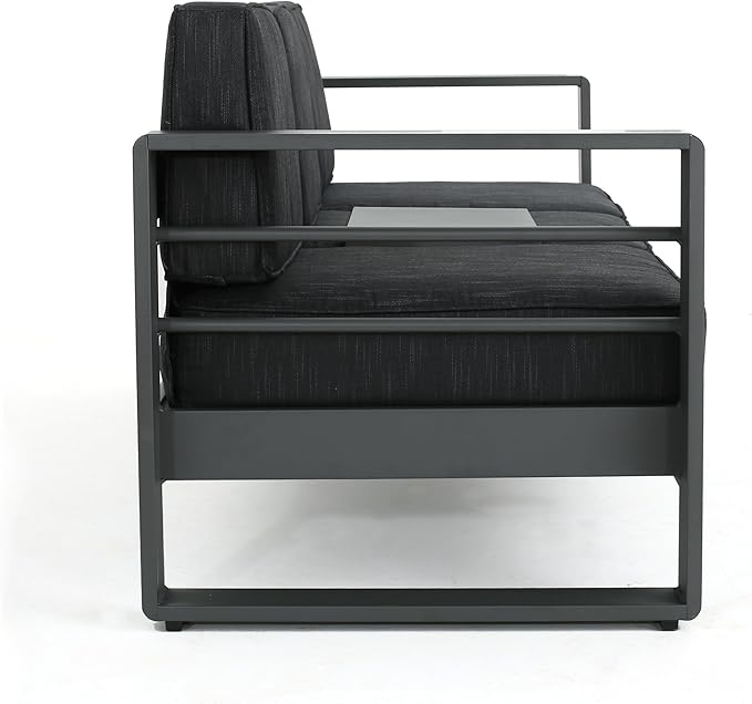 Christopher Knight Home Capecora 3-Seater Sofa with Removable Tray Table, 76.25''W Convertible Aluminum Patio Couch with Cushions, Space-Saving Outdoor Seating for Garden Backyard Balcony, Dark Gray