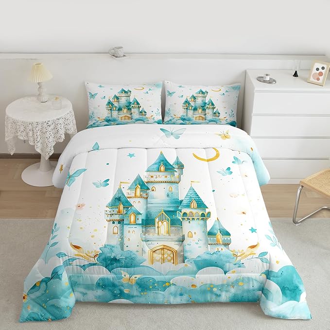 Erosebridal Princess Queen Bedding Set for Girls Kids - Castle Butterfly Comforter Set, Girly Coquette Butterflies Quilt | Moon and Stars Aesthetic Bedroom Decor with 2 Pillowcases