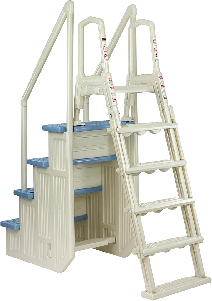 Aqua Select Anti-Slip in-Pool Safety Stairs with Outside Flip-Up Ladder | Pearl White w/Tranquil Blue Steps | for Above Ground Swimming Pools | Mounts to Decks 48" to 54" H | Capacity Up to 350 lbs