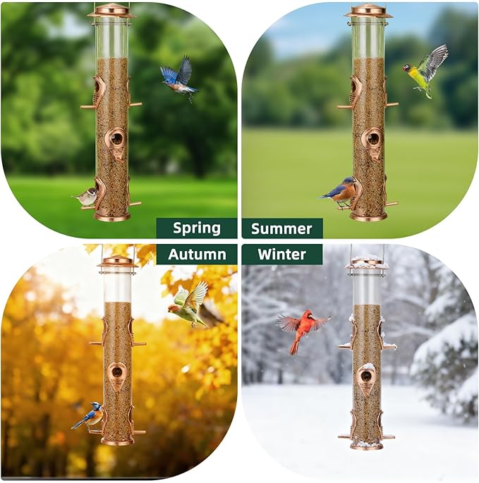 ERYTLLY Metal Bird Feeders 6 Port Tube Bird Feeder for Wild Birds, 1.4mm Extra Thick Solid Tube Transparent with Steel Hanger Squirrel Proof for Outside