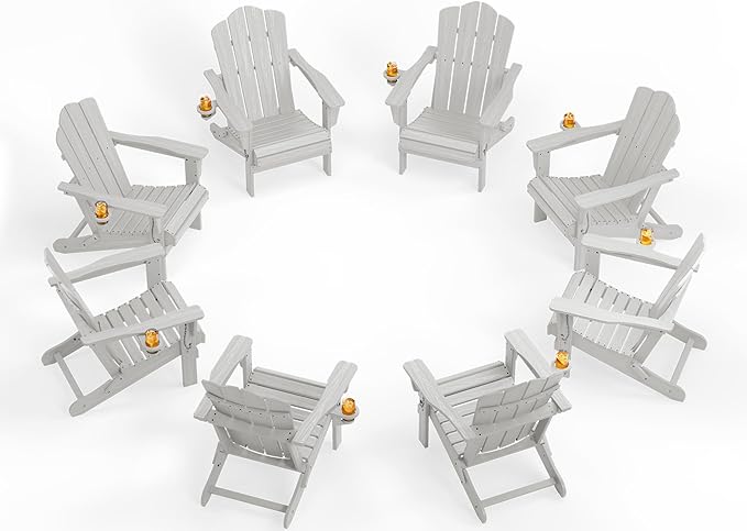 KINGYES Folding Adirondack Chair Set of 8, HDPE All-Weather Patio Chairs with Cup Holder, Wooden Textured Fire Pit Chairs for Poolside, Backyard, Deck, Silver Grey