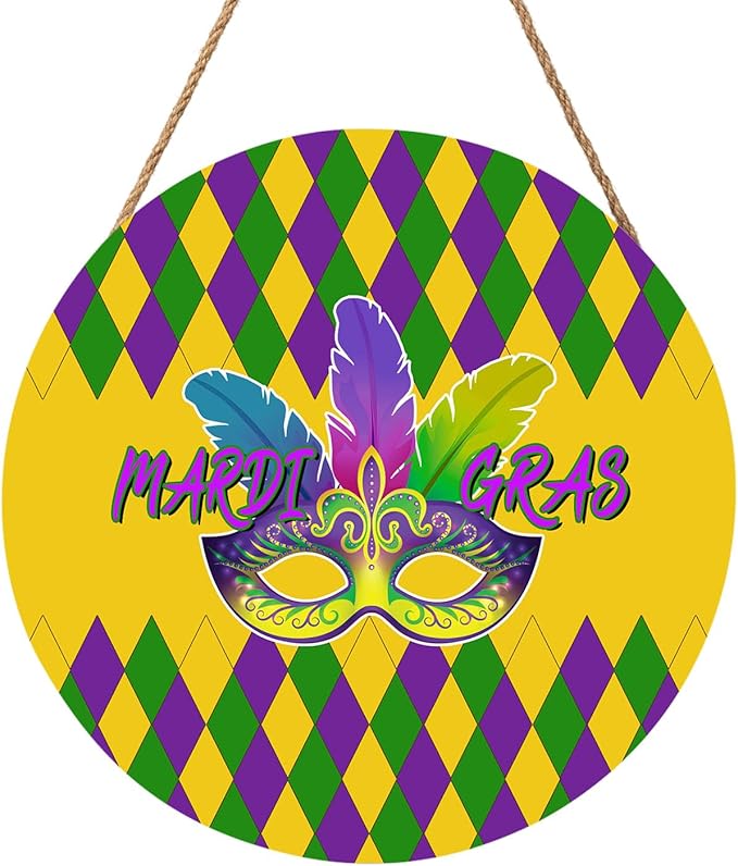 Mardi Gras Crawfish Door Sign For Front Door Decor,Purple Yellow Green Diamond Wooden Sign 12"x 12" Round Wood Hanging Door Sign Decoration for Wall Rustic Farmhouse Decor