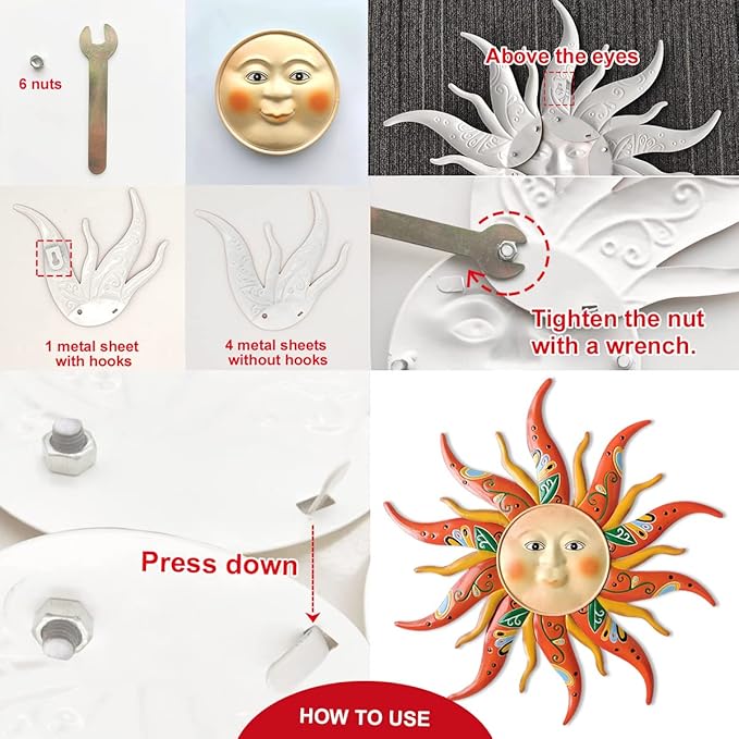 Metal Sun Wall Art Decor,17.3Inches Sun Face Garden Sculptures Statues Wall Art Decorations for Indoor and Outdoor, Room Garden Porch Fence Balcony Patio Decor