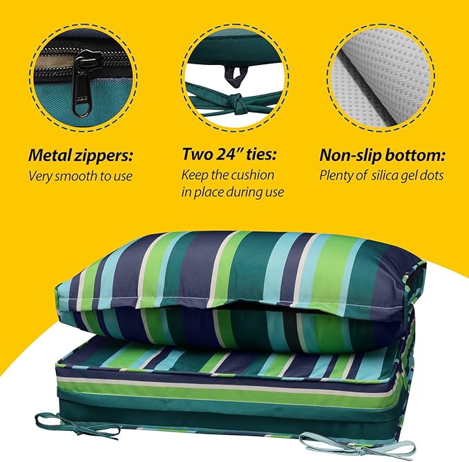 AAAAAcessories Outdoor Seat Cushions for Chairs, Fade-Resistant, Waterproof Patio Furniture Replacement Cushions, 24" x 24" x 5" + 24" x 13.5", Stormy Teal Coastal Stripe