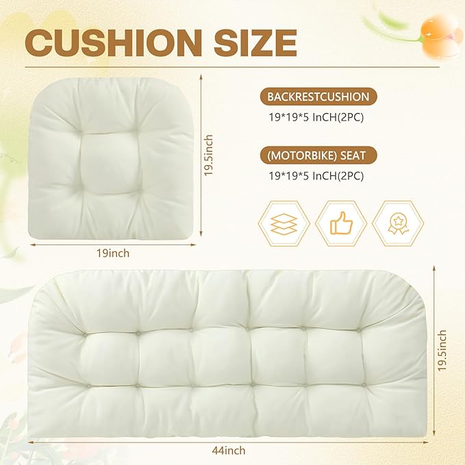 Barydat 3 Pack Wicker Furniture Cushions Waterproof Outdoor/Indoor Tufted Wicker Chair Cushions 1 Loveseat and 2 U-Shape Rattan Chairs for Patio Furniture, Rattan Love Seat, Bench(Cream)