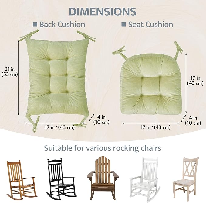 mudilun Rocking Chair Cushion Set - Non-Slip Tufted Rocking Chair Cushions with Ties Soft Indoor/Outdoor Wooden Rocking Chair Seat Pad for Porch Garden Cafe & Nursing
