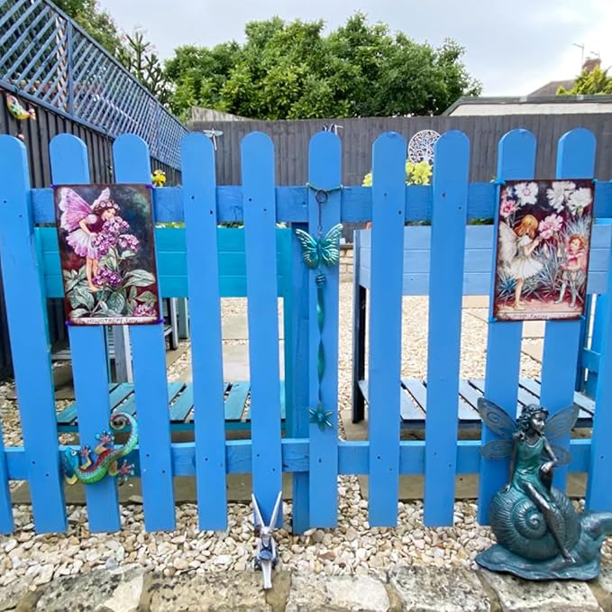 Flower Fairy Wall Decor Vintage Metal Tin Signs Fairy Garden Accessories - Fuchsia