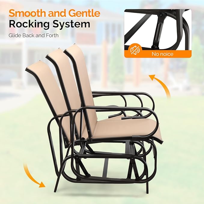 VINGLI Outdoor Rocking Glider, Patio Glider with Higher Backrest, Weather-Resistant & No Noise Rocking System, 330LBS Load Capacity, Brown