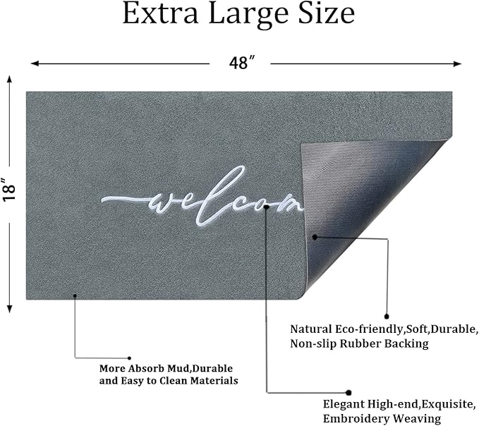 AAZZKANG Gray Doormat Outdoor Entrance Front Door Welcome Mat Large 18"x48" with Non Slip Rubber Backing, Easy to Clean Indoor Mats for Entryway,Doorway