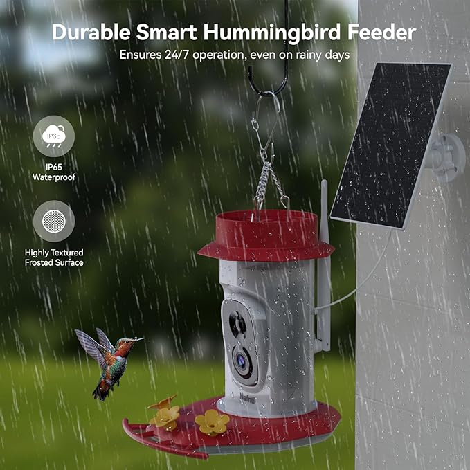 Hummingbird Feeder with Camera Solar Powered, 2K Live Stream Smart AI Bird Species Recognition, Leak-Proof & Ant-Bee Proof, IP65 Outdoor Wireless Bird Feeder