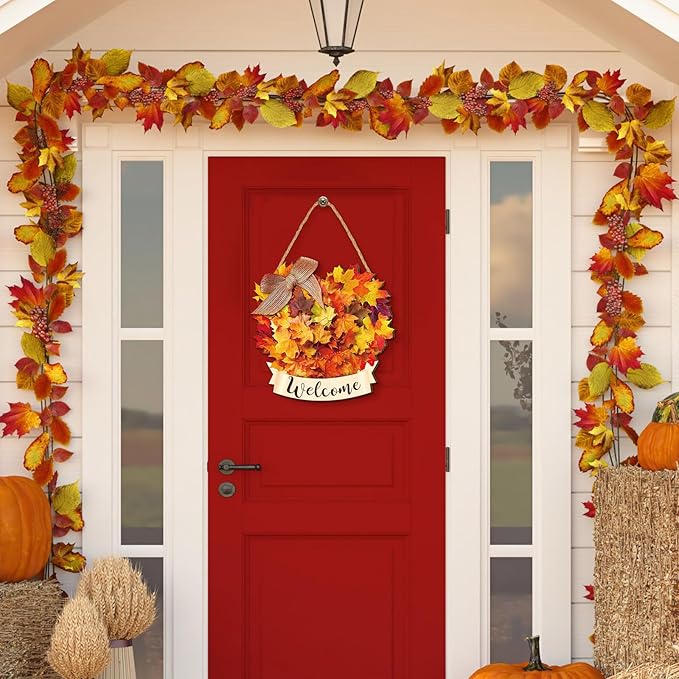 Boao Thanksgiving Welcome Door Sign Maple Leaves Hanging Decor Fall Wooden Sign Autumn Decorations Pumpkin Maple Leaves Wood Hanger for Outdoor Farmhouse Front Porch