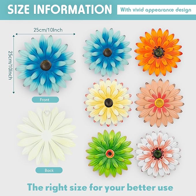 Zhehao 6 Pcs Metal Flower Wall Art Decor 10 Inch Sunflower Wall Decorations Hanging Outdoor Art Multicolored Handmade Metal Flowers Outdoor Decor(Elegant Color)