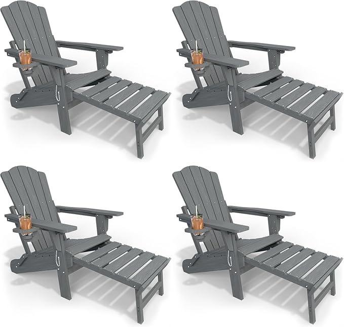Folding Adjustable Adirondack Chairs with Ottoman & 1 Cup Holders Set of 4, HDEP Multifunctional Adirondack Chair with Footrest,Grey