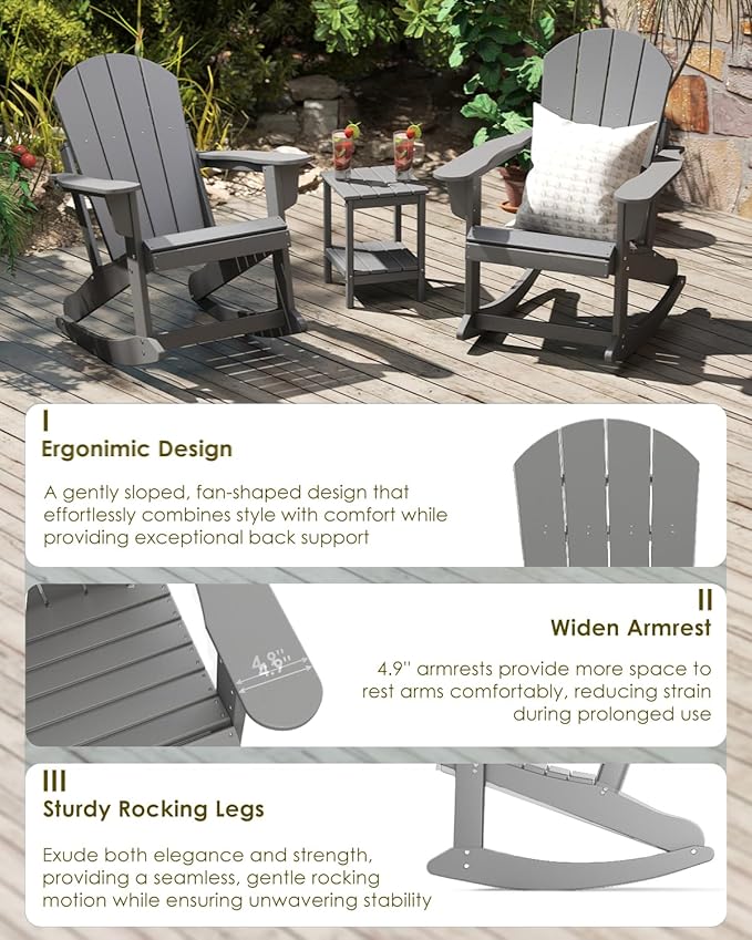 GREENVINES Adirondack Rocking Chairs Set of 2 | HDPE Plastic | Porch Rocker | Chair for Outdoor Patio Deck | All Weather | Grey