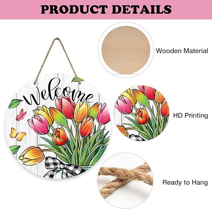 Welcome Spring Summer Tulip Flowers Front Door Sign, Floral Butterfly Mason Jar Wood Door Hanger Outdoor Outside Porch Decor, Seasonal Farmhouse Wooden Wreath Indoor Wall Hanging Decoration