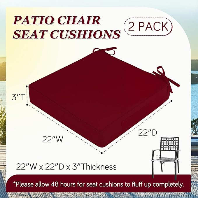 Waterproof Outdoor Chair Cushions Set of 2, Square Outdoor Seat Cushions with Ties and Removable Covers, 22 x 22 Outdoor Cushions for Patio Furniture with Portable Handle(Burgundy)