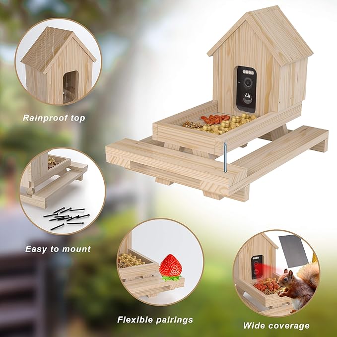 Wooden Squirrel Feeder with Camera Solar Powered, Smart Squirrel Picnic Table Feeder with Corn Cob Holder, Squirrel Feeders for Outside Backyard for 2.4g WiFi Coverage Area