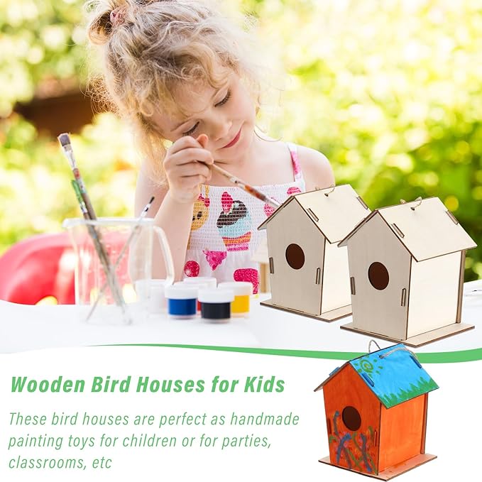 DoubleFill 100 Pcs 4.33" Wooden Bird Houses Bulk for Kids DIY Unfinished Hanging Birdhouse for Crafts Art Wood Toys boy Girl Class Activity Creative Project Parties Design Valentines Crafts