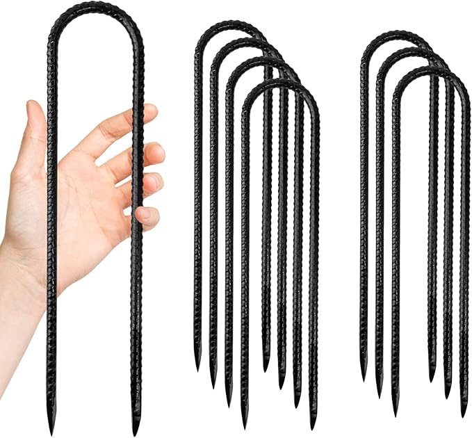 Anothera 8 Pack Steel Rebar Stakes, 12-Inch Heavy Duty U Hook Metal Fence Stake, Rustproof Ground Hooks Anchors for Tents, Plants, Fences and Trampolines