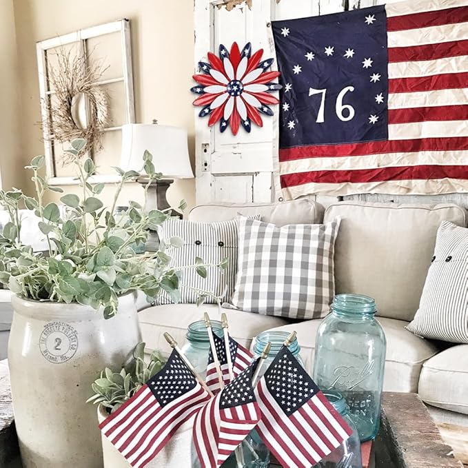 hogardeck 4th of July Decorations Outdoor, 11 inch Red White and Blue Metal Flower Wall Art for Fourth of July Decor, Patriotic Decorations for Yard Garden Home Indoor Mantel