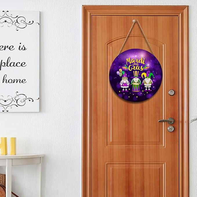 Happy Mardi Gras Door Sign For Front Door Decor,Purple Masquerade Gnomes Wooden Sign 12"x 12" Round Wood Hanging Door Sign Carnival Party Decoration for Wall Rustic Farmhouse Decor