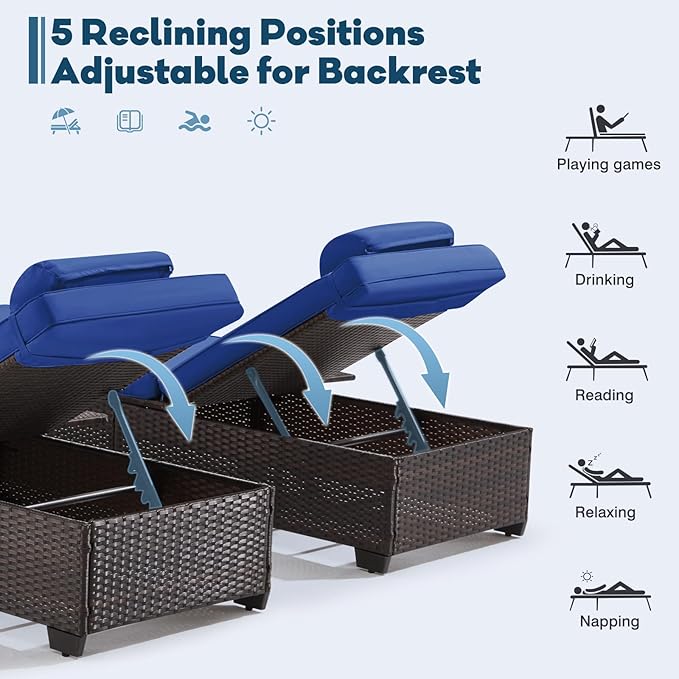 Outdoor Lounge Chairs, Pool Lounge Chairs Set of 2, Outdoor Chaise Lounge with Adjustable Backrest & Cup Holder,Blue