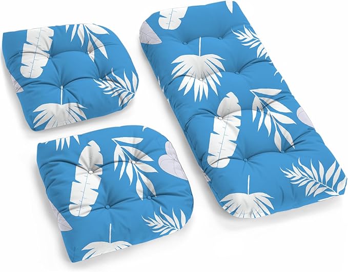 All Weather 3 Piece Wicker Furniture Chair Cushions, Waterproof Outdoor Wicker Chair Cushion for Patio Furniture Loveseat Settee Bench, 1 Loveseat and 2 U-Shaped Thickened Cushions, Blue Leaf