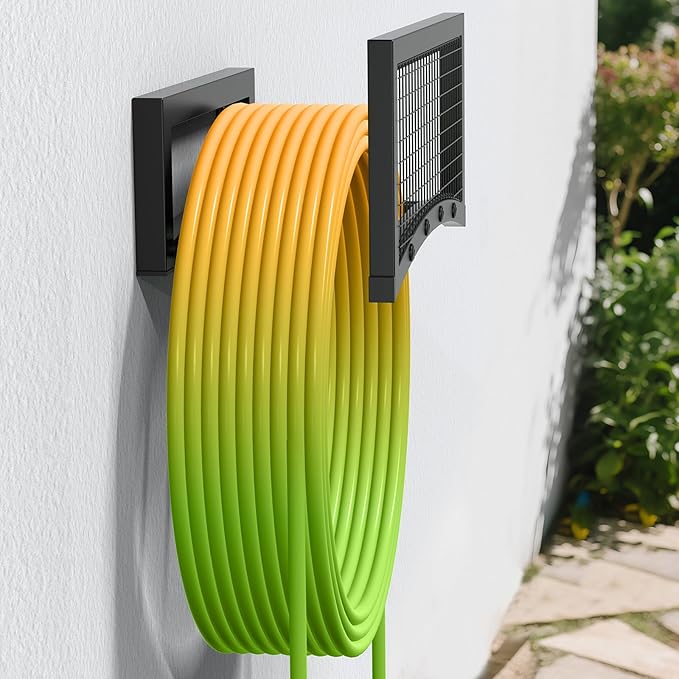 Garden Hose Holder Wall Mount, Heavy Duty Metal Hose Holds for Garden Hose 150FT, Outdoor Water Hose Reel Storage Organizer Rack, Easy Install, Black