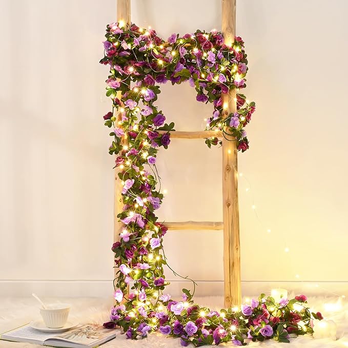 BLEUM CADE 12Pcs 98.4Ft Flower Garland Artificial Rose Vines with 98.4Ft String Lights, Cute Fake Hanging Flower Vines Floral Garland Decorations for Wedding Party Wall Room Decor Aesthetic