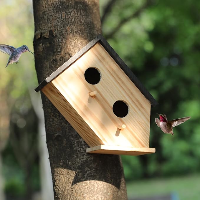Bird House for Outside-Wren Bird House for Outdoor-Wooden Birdhouse for Outdoors Hanging Bluebird House for Cardinals for Garden Viewing -2 Hole (Wooden, 1)