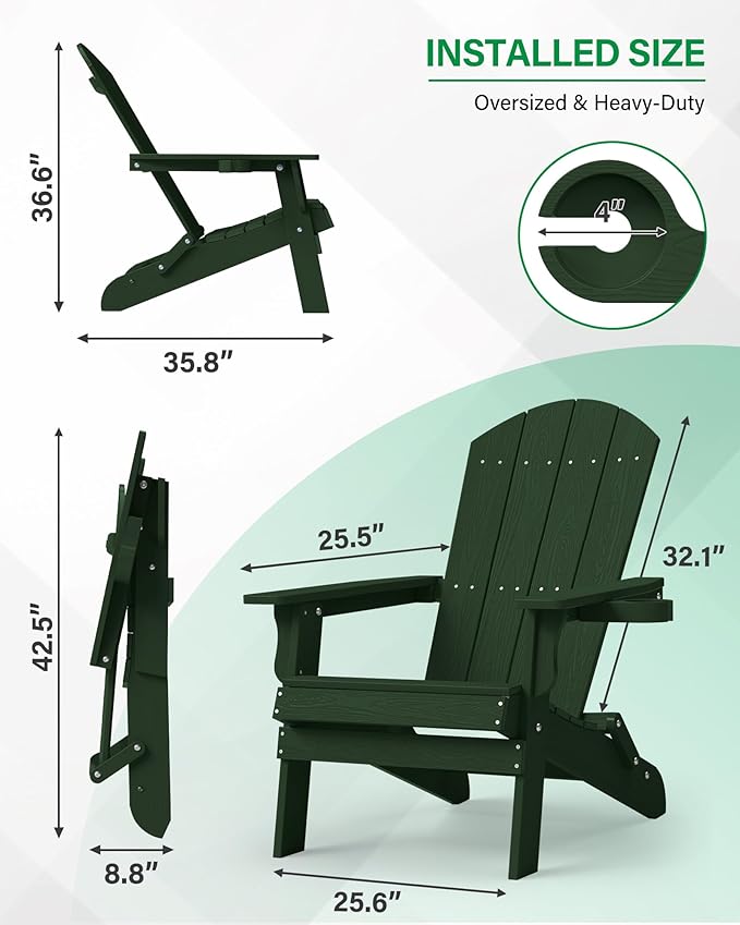 YEFU Adirondack Chair, Oversized Plastic Adirondack Chair Folding Outdoor Chairs with Cup Holder, Lawn Chair with Weather Resistant for Outside Deck Lawn Garden, Weight Capacity Up to 400 Lbs –Green