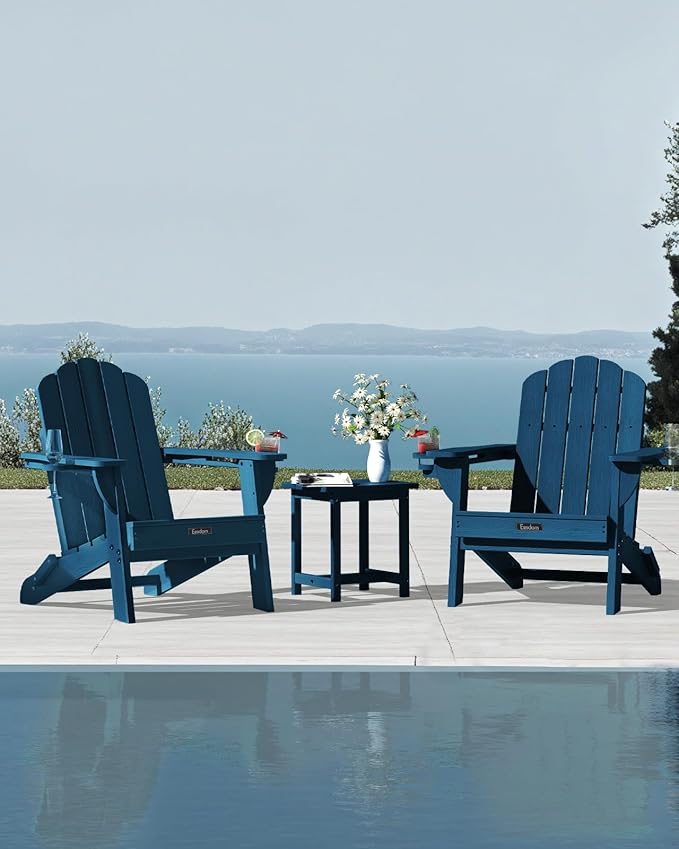 Folding Adirondack Chair, HDPE Adirondack Chair with 2 Cup Holders, Pre-Assembled Outdoor Fire Pit Chairs for Patio, Garden, Poolside, NavyBlue