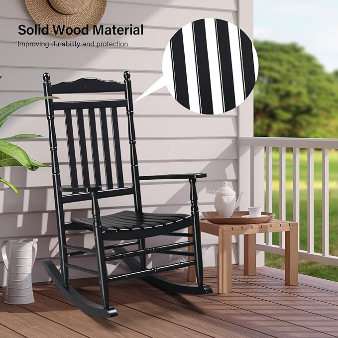 VINGLI Wooden Rocking Chair Outdoor Set of 2, Patio Rockers with High Back, Support 450 LBS Rocking Chairs, for Porch, Patio, Balcony, Garden, Yard (Black, 2 PCS)