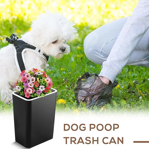 Dog Poop Trash Can Outside 3.96 Gal/15 L Plant Styled Dog Waste Trash Can with Lid 50 Pcs Plastic Waste Bags Outdoor Indoor Poop Container Slim Garbage Bin for Yard Garden Pet (Flower Black)