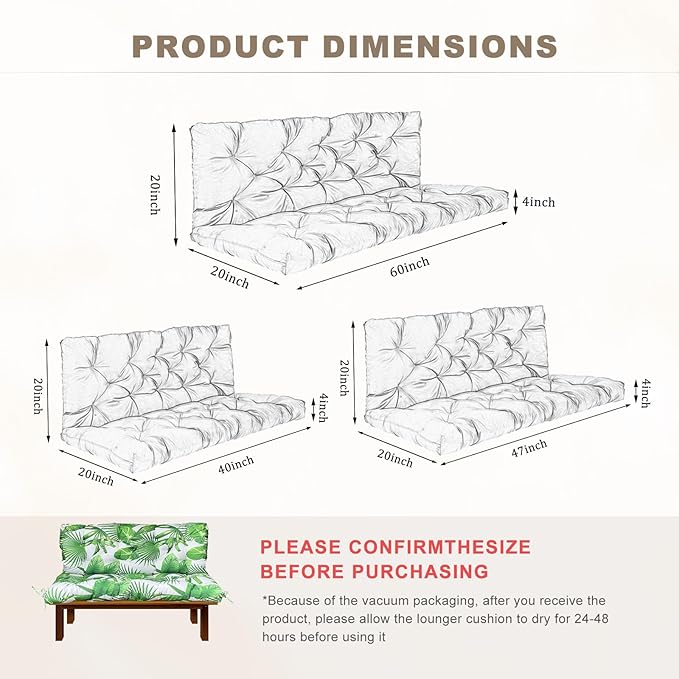 Porch Swing Cushion with Backrest,Waterproof Bench Cushion for Outdoor Furniture,2-3 Seater Replacement Thickened Swing Cushion with Ties,Patio,Outdoor,Backyard and Garden (Fresh Leafy,47x40")