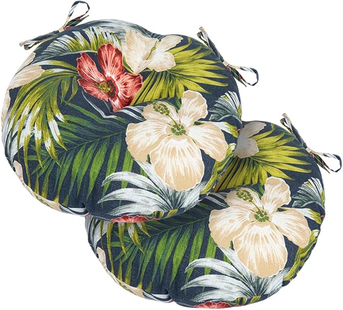 Magpie Fabrics Outdoor Round Bistro Seat Cushions with Ties, 15"x15"x4" Set of 2, Tufted Waterproof Barstool Chair Pads for Patio Home Garden Office, Midnight Floral
