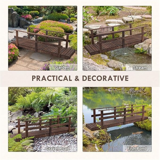 7FT Wooden Garden Bridge with Handrails, Decorative Landscape Footbridge for Yard, Pond, Farm or Creek - Rust-Resistant Cedar Construction, Easy Assembly & 400LB Capacity