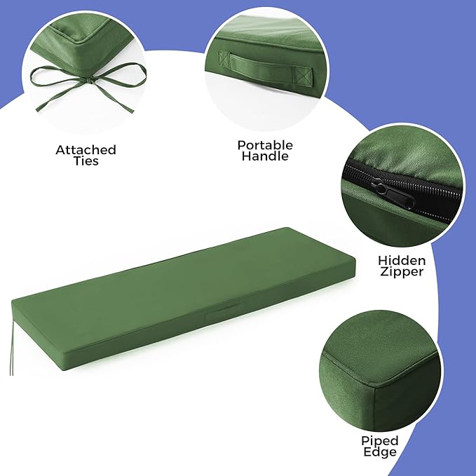 Outdoor Bench Cushions for Outdoor Furniture, 45x18x3 Inch, Waterproof Bench Pillow, Fade Resistant Long Bench Seat Pads for Garden, Indoor, Porch Swing, Army Green