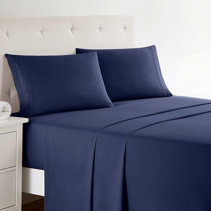 Clara Clark Bed Sheets, Premier 1800 Series 4 Piece Bed Sheet Set, Deep Pocket, Wrinkle, Fade, Stain Resistant, Luxury Soft Bedding Sheets & Pillowcases, Twin-XL, Navy Blue
